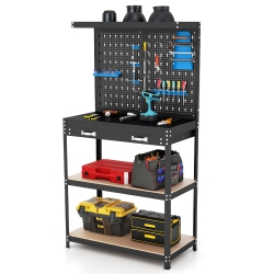 GYMAX Multi-Use Workbench W/ 2 Shelves Heavy-Duty Work Table Tool Storage Bench Black & In Blue