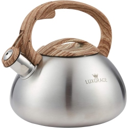 LUXGRACE 2.5 Qt Tea Kettle, Whistling Tea Pot With Wood Pattern Handle, Stainless Steel for Stovetops