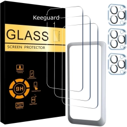 KEEGUARD Iphone 15 Pro Max Screen Protector [3-Pack] + Camera Lens Protector - Case Friendly, Tempered Glass, Easy Install