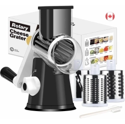 GENER Manual Rotary Cheese Grater - Cambom Kitchen With 3 Drum Blades, Handle, Suction Base - Free Cleaning Brush