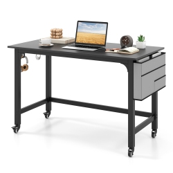 TOPBUY 48" Rolling Computer Desk Mobile Study Writing Desk With Metal Frame Movable Home Office Desk Natural/black