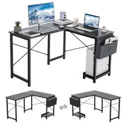TOPBUY L-Shaped Computer Desk Reversible Home Office Desk With Side Storage Bag & Host Stand Metal Corner Study Writing Desk