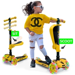 HURTLE Scootkid 3-Wheel Kids Scooter - Child & Toddler Toy Scooter With Built-In Led Wheel Lights, Fold-Out Comfort Seat (Ages 1+) (Yellow)