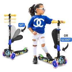 HURTLE Scootkid 3-Wheel Kids Scooter - Child & Toddler Toy Scooter With Built-In Led Wheel Lights, Fold-Out Comfort Seat (Ages 1+) (Graffiti)
