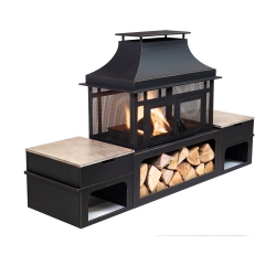DEKO LIVING 80 Inch Rectangular Outdoor Steel Wood Burning Fireplace With Log Storage, Poker And Side Tables