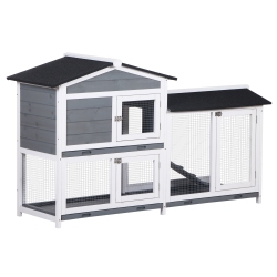 PAWHUT 2-Tier Wood Rabbit Hutch Backyard Bunny Cage Small Animal House W/ Ramp And Outdoor Run In Grey
