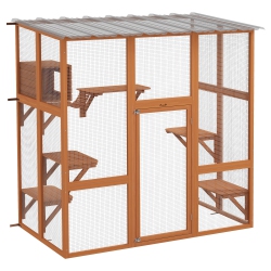 PAWHUT Catio Outdoor Cat Enclosure, 71" Large Wooden Outdoor Cat House \w Condo, Jumping Platforms, Bridge, Waterproof Roof, Walk-In Kitty Cage For