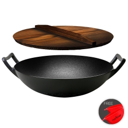 NUTRICHEF Pre-Seasoned Cast Iron Cooking Wok - Cast Iron Stir Fry Wok With Wooden Lid