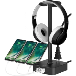 HLD Headphone Stand With USB Charger Desktop Gaming Headset Holder Hanger With 3 USB Charging Station And 2 Outlets Power Strip