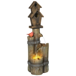 OUTSUNNY Outdoor Fountain \w Birdhouse, Cascading Garden Waterfall Bird Bath \w 3-Tier Rustic Tree Trunk / Log Design, Led Lights for Porch, Deck