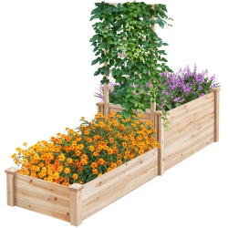 GYMAX Raised Garden Bed W/ 2 Planter Boxes & Trellis Outdoor Wooden Planter Box Kit for Sapling