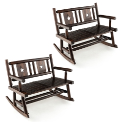 GYMAX 2PCs Carbonized Wood Rocking Bench Double Rocking Chair for 2 Persons W/ Wide Curved Seat