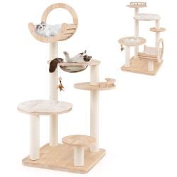 GYMAX 4-In-1 Building Block Cat Tree W/ Space Capsule Nest Padded Platform Hanging Toy