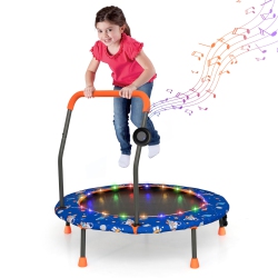 GYMAX 36" Mini Toddler Trampoline W/ Led Tooth Speaker Detachable Handle Kids Gifts In Blue