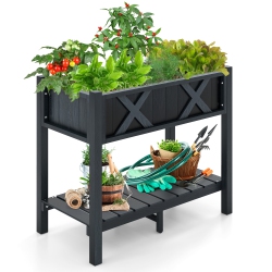 GYMAX Hips Raised Garden Bed Poly Wood Elevated Planter Box W/ Legs & Storage Shelf
