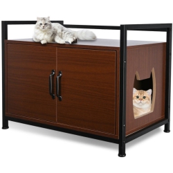 LIVINGBASICS Large Space Cat Litter Box Enclosure, Hidden Cat Washroom Furniture, Wooden Cat Litter Cabinet Storage Bench With A Side Window