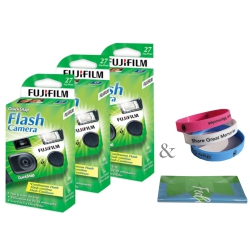 FUJIFILM Quicksnap Flash 400 Disposable 35MM Camera (3 Pack) Plus A Bonus Eco-Friendly Silicone Wrist Band And A Microfiber Cleaning Cloth