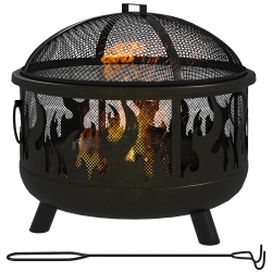 OUTSUNNY 24" Round Outdoor Fire Pit, 2-In-1 Firepit Bowl With Lid, Grill, Poker, Handles for Garden, Camping, Bbq, Bonfire, Wood Burning Stove