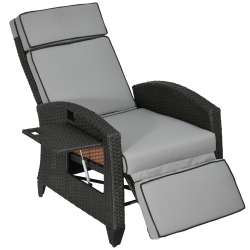 OUTSUNNY Outdoor Recliner Chair \w Cushion, Pe Wicker Reclining Patio Lounge Chair \w Adjustable Footrest, Armrests, Side Tray, for Balcony, Porch