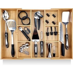 PRISTINE BAMBOO Expandable Drawer Organizers for Kitchen - Extra Deep Non-Slip 17” X 14.6” (Expands Up to 25 Inches) - Dark Wooden Silverware