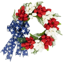 NORTHLIGHT Tulip Floral Patriotic Wreath With Bow - 24" - Red, White And In Blue