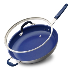 NUTRICHEF 14" Non-Stick Fry Pan With Lid - Durable Pan With Silicone Handle, Ceramic Coating Inside And Heat-Resistant Outside