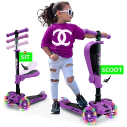 HURTLE Scootkid 3-Wheel Kids Scooter - Child & Toddler Toy Scooter With Built-In Led Wheel Lights, Fold-Out Comfort Seat (Ages 1+) (Purple)