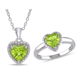 GEM AND HARMONY 2.66 Carat (Ctw) Peridot Heart-Cut Ring And Pendant Set In Sterling In Silver
