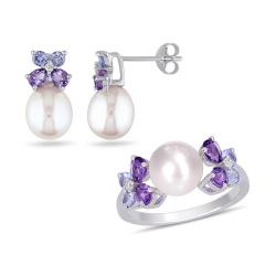 GEM AND HARMONY Cultured Freshwater Pearl (8Mm), Tanzanite And Amethyst Earrings And Ring Set In Sterling In Silver