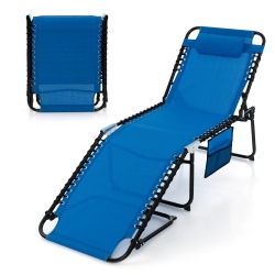 GYMAX Folding Chaise Lounge Portable Lay Flat Reclining Chair W/ 4-Level Backrest Side Pocket