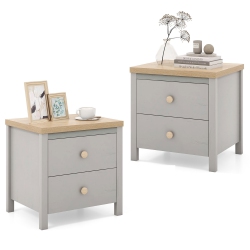 GYMAX 2 PCs Nightstand Farmhouse Side End Table W/ Solid Wood Legs & 2 Drawers