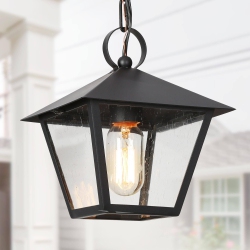 UOLFIN Farmhouse Outdoor Pendant Light, Jared 7.5 In. (19Cm) 1-Light Modern Cage Outdoor Ceiling Light With Seeded Glass Shade In Black