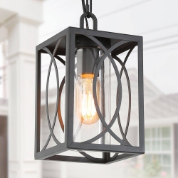 UOLFIN Modern Farmhouse Cage Outdoor Hanging Light 5.5-In (14Cm) 1-Light Lantern Outdoor Pendant Light With Clear Glass Shade In Black