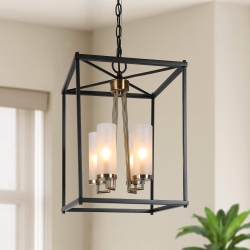 UOLFIN Modern Lantern Chandelier Light, 4-Light Matte And Electroplate Brass Cage Chandelier Light With Frosted Glass Shade In Black