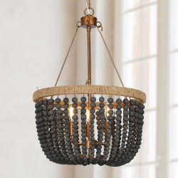 UOLFIN Modern Farmhouse Empire Drum Beaded Chandelier Light, 3-Light Gold Traditional Boho Chandelier With Wood Beads In Black