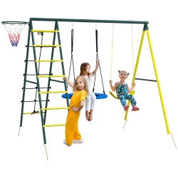 OUTSUNNY 4 In 1 Metal Swing Set \w Saucer Swing, Seat, Climbing Ladder/net, Basketball Hoop, Ladder, Kids Swing Set for Backyard, Outdoor