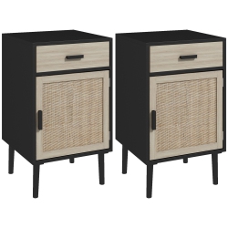 HOMCOM Tall Nightstands Set Of 2, Boho Bedside Tables With Drawer, Cabinet, Adjustable Shelf, Rattan End Tables With Storage for Bedroom In Black