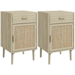 HOMCOM Tall Nightstands Set Of 2, Boho Bedside Tables With Drawer, Cabinet, Adjustable Shelf, Rattan End Tables With Storage for Bedroom, Oak