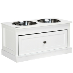 PAWHUT Elevated Dog Bowls With Storage Drawer, Raised Dog Bowls With Stand, 2 Stainless Steel Bowls for Large Dogs In White