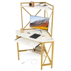 GYMAX Corner Desk Space-Saving Computer Desk W/ Shelves & Keyboard Tray In White