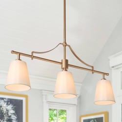 UOLFIN Modern Farmhouse Bedroom Chandelier, 32 In. 3-Light Kitchen Island Linear Pendant Light With Fabric Shade In Gold