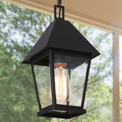 UOLFIN Modern Farmhouse Metal Outdoor Hanging Lights, 1-Light Industrial Outdoor Pendant Light With Clear Glass Shade In Black