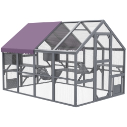 PAWHUT Extra Large Catio Outdoor Cat Enclosure, 110"l Wooden Feral House \w Weatherproof Canopy, Bridges, Resting Boxes, Platforms, Walk In Cat Cage