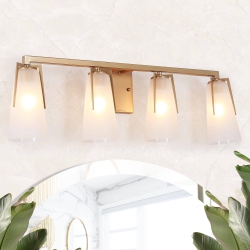 UOLFIN Modern Farmhouse Bathroom Vanity Light, 28 In. 4-Light Contemporary Wall Sconces With Bell Frosted Glass Shades In Gold
