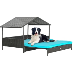 PAWHUT Elevated Rattan Dog House Outdoor With Canopy, Extendable Wicker Dog Bed With Water-Resistant Cushion, for Small And Medium Dogs In Blue