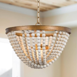 UOLFIN Modern Farmhouse Chandelier Light, Boho 3-Light Antique Gold Island Chandelier Light With Wood Beads In White
