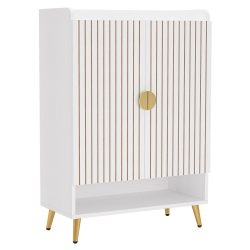 TRIBESIGNS 7-Tier Shoe Cabinet With Doors, Wood Shoe Storage Organizer Rack & Gold In White