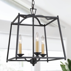 UOLFIN Modern Farmhouse Dining Room Chandelier, 3-Light Rectangle Lantern In Gold Candle Style In Black
