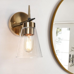 UOLFIN Modern 1-Light Brass Gold Bathroom Wall Light Wall Sconce With Cylinder Clear Glass Shades Bath Light In Black