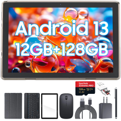 TUTT 10” Tablet Android 13 Keyboard, Mouse, Case, Stylus, 128GB Rom+12GB Ram | Dual Camera Cp20 128GB Sandisk